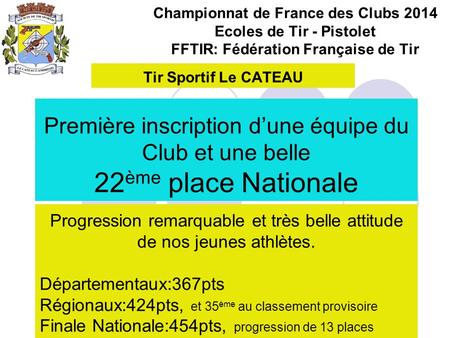 Championnat de France des Clubs 2014 Ecoles de Tir - Pistolet FFTIR: Fédération Française de Tir Tir Sportif Le CATEAU Première inscription d’une équipe.