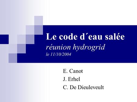 E. Canot J. Erhel C. De Dieuleveult Le code d´eau salée réunion hydrogrid le 11/10/2004.