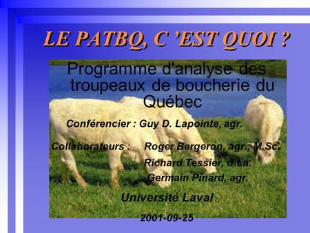 LE PATBQ, C EST QUOI ? Programme d'analyse des troupeaux de boucherie du Québec Conférencier : Guy D. Lapointe, agr. Collaborateurs : Roger Bergeron, agr.,