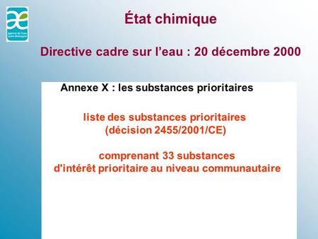 État chimique Directive cadre sur l’eau : 20 décembre 2000