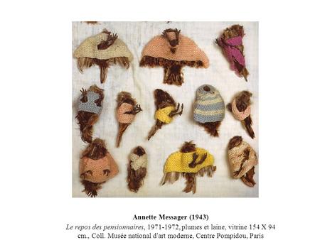 Annette Messager (1943) Le repos des pensionnaires, 1971-1972, plumes et laine, vitrine 154 X 94 cm., Coll. Musée national d’art moderne, Centre Pompidou,