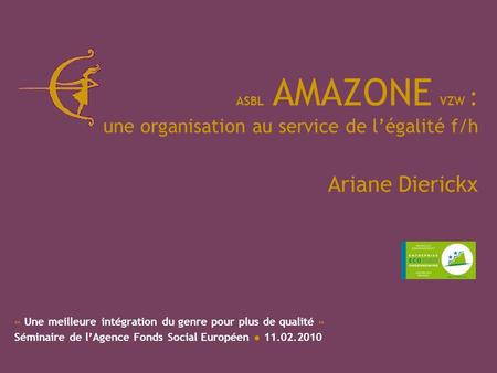 ASBL AMAZONE VZW : une organisation au service de légalité f/h Ariane Dierickx « Une meilleure intégration du genre pour plus de qualité » Séminaire de.