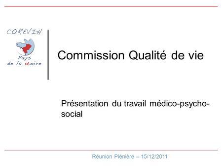 Commission Qualité de vie Réunion Plénière – 15/12/2011 Présentation du travail médico-psycho- social.
