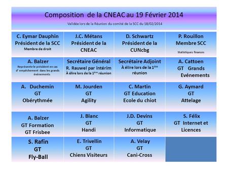 Composition de la CNEAC au 19 Février 2014 Validée lors de la Réunion du comité de la SCC du 18/02/2014 C. Eymar Dauphin Président de la SCC Membre de.
