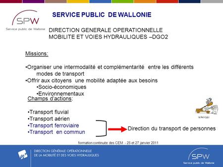 Formation continuée des CEM - 25 et 27 janvier 2011 Champs dactions: Transport fluvial Transport aérien Transport ferroviaire Transport en commun SERVICE.