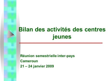 Bilan des activités des centres jeunes Réunion semestrielle inter-pays Cameroun 21 – 24 janvier 2009.