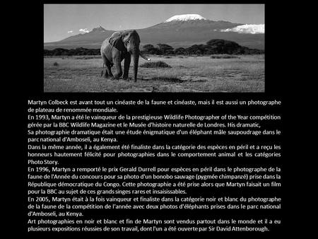 Martyn Colbeck est avant tout un cinéaste de la faune et cinéaste, mais il est aussi un photographe de plateau de renommée mondiale. En 1993, Martyn a.