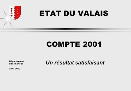 Département des finances Avril 2002 ETAT DU VALAIS COMPTE 2001 Un résultat satisfaisant.