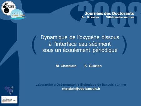Dynamique de loxygène dissous à linterface eau-sédiment sous un écoulement périodique Journées des Doctorants Villefranche sur mer M. Chatelain K. Guizien.