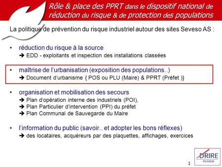 Rôle & place des PPRT dans le dispositif national de réduction du risque & de protection des populations La politique de prévention du risque industriel.