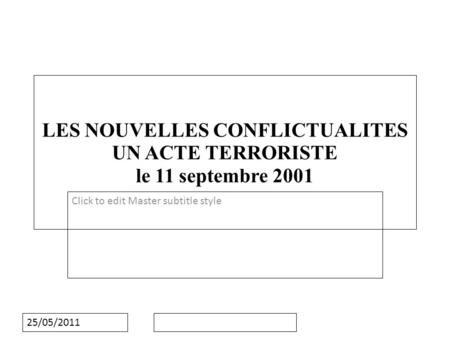 Click to edit Master subtitle style 25/05/2011 LES NOUVELLES CONFLICTUALITES UN ACTE TERRORISTE le 11 septembre 2001.