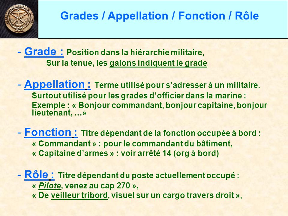 formation militaire grades  appellation  fonction