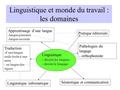 Linguistique et monde du travail : les domaines Linguistique - décrire les langues - décrire le langage Apprentissage d’une langue -langue première -langue.