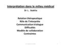 Interprétation dans le milieu médical Dr L. Subilia Relation thérapeutique Rôle de l’interprète Communication trialogue Difficultés Modèle de collaboration.