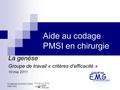 Dr Nathalie SCHWALD EMG Hôtel Dieu Aide au codage PMSI en chirurgie La genèse Groupe de travail « critères d’efficacité » 10 mai 2011.