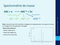 Spectrométrie de masse 2014 Chimie analytique instrumentale 1 Base: les particules individuelles et chargées sont séparées selon les rapports masse- sur-charge.