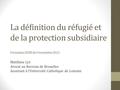 La définition du réfugié et de la protection subsidiaire Formation ADDE du 9 novembre 2012 Matthieu Lys Avocat au Barreau de Bruxelles Assistant à l’Université.