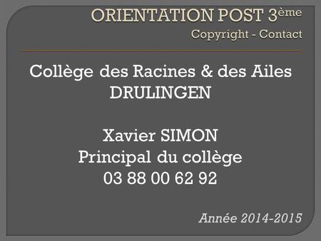 Collège des Racines & des Ailes DRULINGEN Xavier SIMON Principal du collège 03 88 00 62 92 Année 2014-2015.