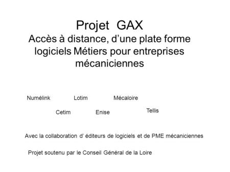 Projet GAX Accès à distance, d’une plate forme logiciels Métiers pour entreprises mécaniciennes NumélinkLotim Tellis Mécaloire CetimEnise Avec la collaboration.