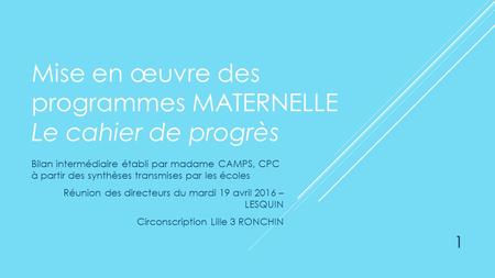 1 Mise en œuvre des programmes MATERNELLE Le cahier de progrès Bilan intermédiaire établi par madame CAMPS, CPC à partir des synthèses transmises par les.