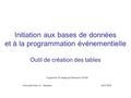 Initiation aux bases de données et à la programmation événementielle Outil de création des tables Support de TD rédigé par Bernard COFFIN Université Paris.