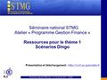 Séminaire national STMG des 17 et 18 janvier 2013 - CNAM 1 Séminaire national STMG Atelier « Programme Gestion Finance » Ressources pour le thème 1 Scénarios.