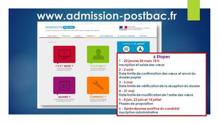 Www.admission-postbac.fr 6 Etapes 1 - 20 janvier 20 mars 18 H Inscription et saisie des vœux 2 - 2 avril Date limite de confirmation des vœux et envoi.