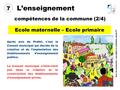 L’enseignement compétences de la commune (2/4) Ecole maternelle – Ecole primaire Après avis du Préfet, c'est le Conseil municipal qui décide de la création.