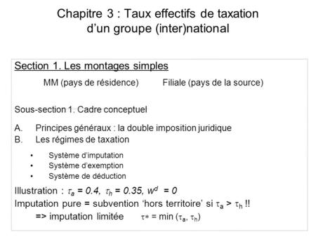 Chapitre 3 : Taux effectifs de taxation d’un groupe (inter)national Section 1. Les montages simples MM (pays de résidence) Filiale (pays de la source)