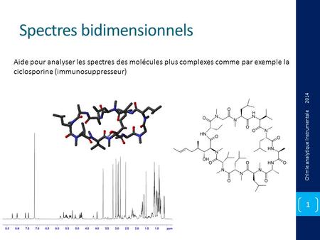 Spectres bidimensionnels 2014 Chimie analytique instrumentale 1 Aide pour analyser les spectres des molécules plus complexes comme par exemple la ciclosporine.