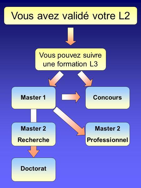 Vous avez validé votre L2 Vous pouvez suivre une formation L3 Master 1 Master 2 Recherche Concours Master 2 Professionnel Doctorat.