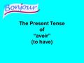 The Present Tense of “avoir” (to have) Learn the Present Tense of Avoir and then test yourself J’aiNous avons Tu asVous avez Il aIls ont Elle aElles.