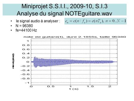 Miniprojet S.S.I.I., 2009-10, S.I.3 Analyse du signal NOTEguitare.wav N = 96380 fe=44100 Hz le signal audio à analyser :