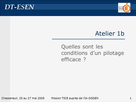DT-ESEN 1Chasseneuil, 25 au 27 mai 2005Mission TICE auprès de lIA-DSDEN Atelier 1b Quelles sont les conditions dun pilotage efficace ?