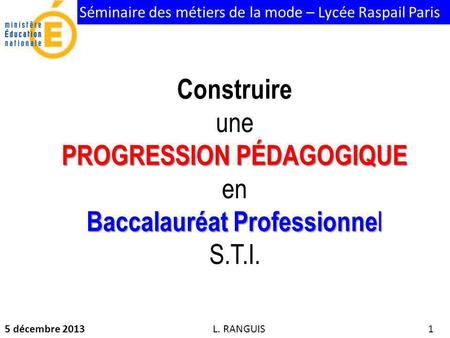 PROGRESSION PÉDAGOGIQUE en Baccalauréat Professionnel S.T.I.