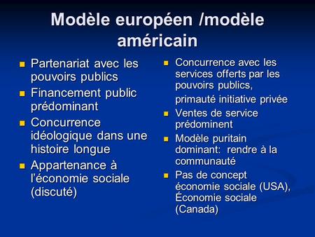 Modèle européen /modèle américain Partenariat avec les pouvoirs publics Partenariat avec les pouvoirs publics Financement public prédominant Financement.