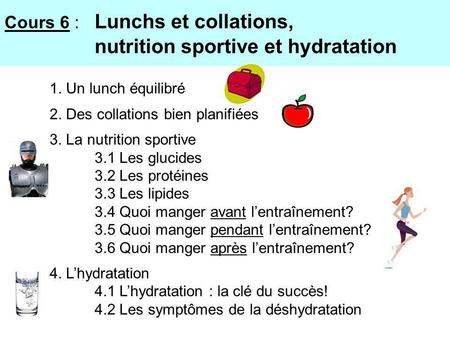 Cours 6 : Lunchs et collations, nutrition sportive et hydratation