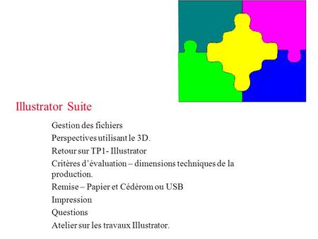 Illustrator Suite Gestion des fichiers Perspectives utilisant le 3D. Retour sur TP1- Illustrator Critères dévaluation – dimensions techniques de la production.