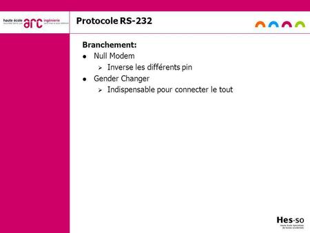 Protocole RS-232 Branchement: Null Modem Inverse les différents pin Gender Changer Indispensable pour connecter le tout.