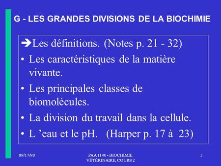 G - LES GRANDES DIVISIONS DE LA BIOCHIMIE