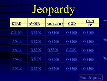 Jeopardy ÊTREAVOIR ADJECTIFS COD On et FP Q $100 Q $200 Q $300 Q $400 Q $500 Q $100 Q $200 Q $300 Q $400 Q $500 Final Jeopardy.