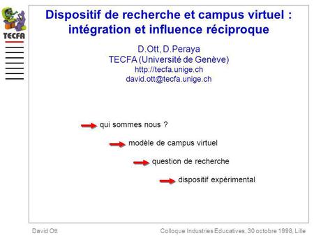 Dispositif de recherche et campus virtuel : intégration et influence réciproque D.Ott, D.Peraya TECFA (Université de Genève)