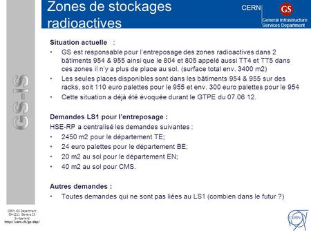 CERN General Infrastructure Services Department CERN GS Department CH-1211 Geneva 23 Switzerland  SMS Zones de stockages radioactives.