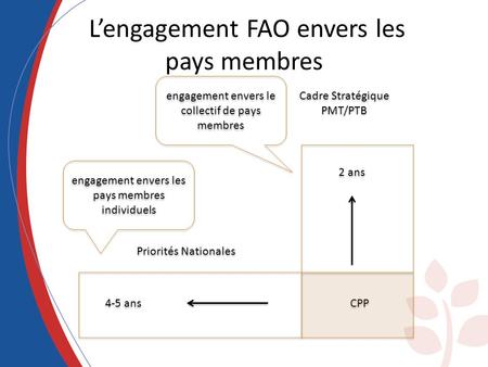 Lengagement FAO envers les pays membres Cadre Stratégique PMT/PTB Cadre Stratégique PMT/PTB Priorités Nationales 2 ans 4-5 ans CPP engagement envers le.
