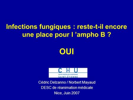 Infections fungiques : reste-t-il encore une place pour l ampho B ? OUI Cédric Delzanno / Norbert Mayaud DESC de réanimation médicale Nice, Juin 2007.