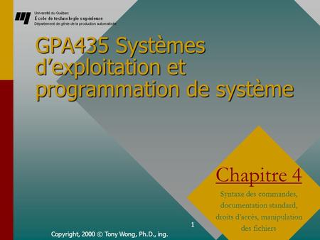 1 GPA435 Systèmes dexploitation et programmation de système Copyright, 2000 © Tony Wong, Ph.D., ing. Chapitre 4 Syntaxe des commandes, documentation standard,