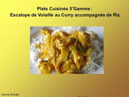 Plats Cuisinés 5°Gamme : Escalope de Volaille au Curry accompagnée de Riz Cosma Mickael 1ere STAV TPA.