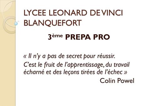 LYCEE LEONARD DE VINCI BLANQUEFORT 3 ème PREPA PRO « Il n’y a pas de secret pour réussir. C’est le fruit de l’apprentissage, du travail écharné et des.