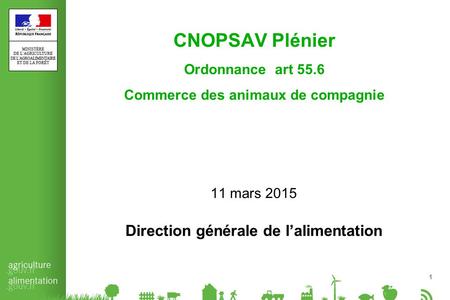 1 CNOPSAV Plénier Ordonnance art 55.6 Commerce des animaux de compagnie 11 mars 2015 Direction générale de l’alimentation.