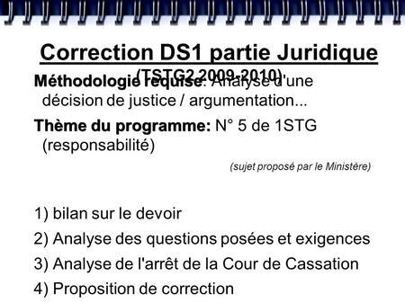 Correction DS1 partie Juridique (TSTG2 2009-2010) Méthodologie requise Méthodologie requise: Analyse d'une décision de justice / argumentation... Thème.